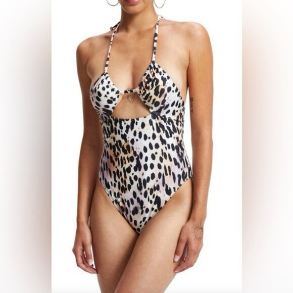 Good American Ruched Halter Rose Cheetah One-Piece Swimsuit Size 8 (M/L) NWT - Picture 1 of 11